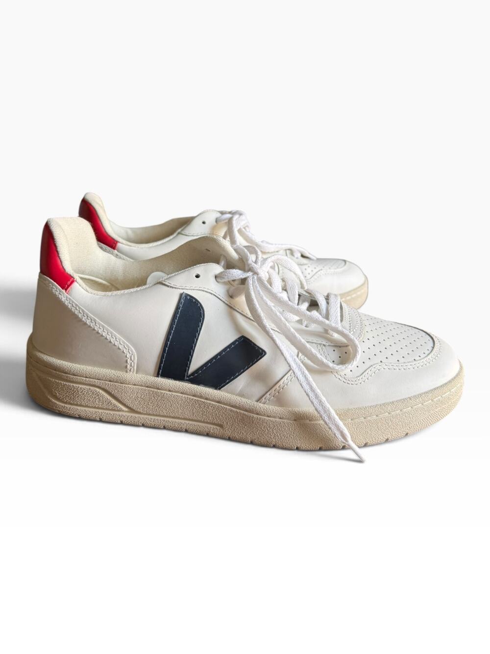 VEJA V-10 White Leather Sneakers Navy Red